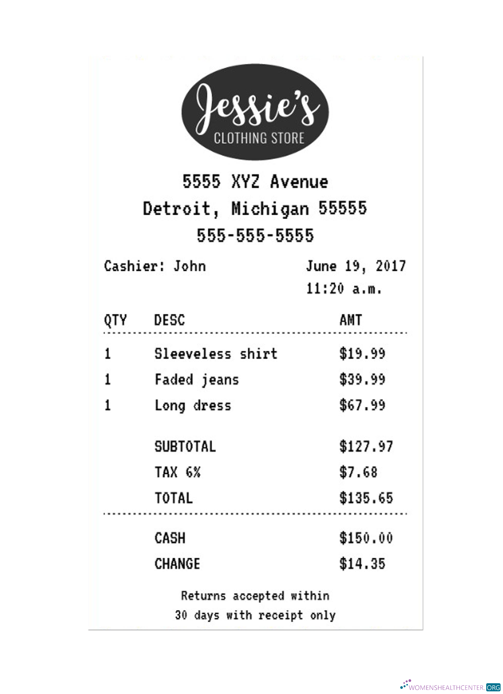 Download JESSIE'S CLOTHING STORE receipt Photoshop template